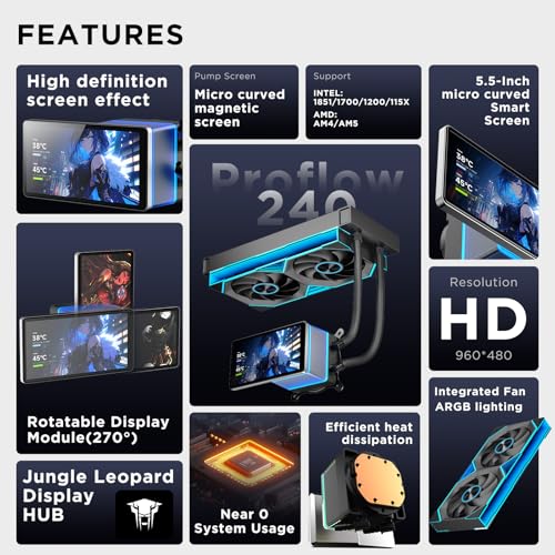 Image of PF 240 CPU Water AIO Cooler Liquid Cooling|5.5-inch LCD Magnetic Screen|360mm ARGB Infinity Mirror 2000RPM PWM Fan|Lower Noise ≤30DBA|for LGA1851 /1700 /1200 /115X /AM4 /AM5(Black)
