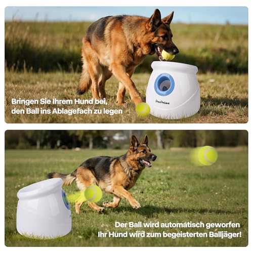 Pet Prime Automatischer Ballwerfer für Große Hunde, Ballwurfmaschine mit 3 Distanzstufen (3-12M) Ballmaschine mit 6x6,35cmTennisbällen, Wiederaufladbarem & Hundepfeife für Outdoor-Spiele (Maxi-Werfer)