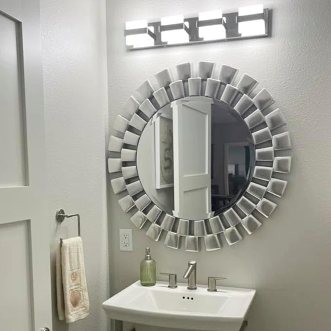 Vista 7 de Chende Espejos redondos para decoración de pared, espejo de pared plateado con marco de madera, espejo decorativo de 32 x 32 pulgadas con vidrio