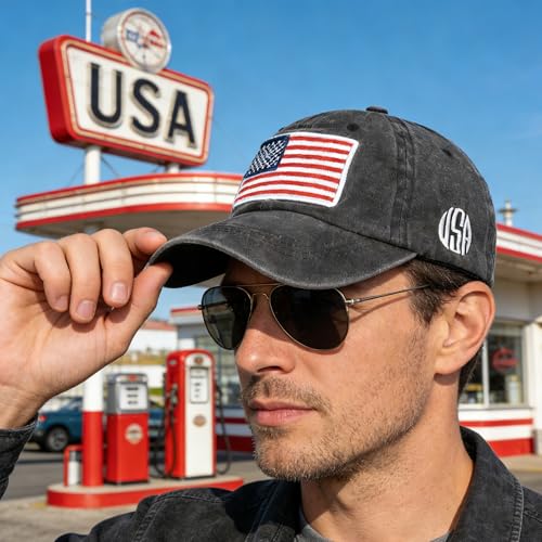 Image of IZUS Women USA-Flag Baseball-Cap American Patriotic Baseball Hats Men's Distressed-Cotton Dad-Hat for Adult Teens