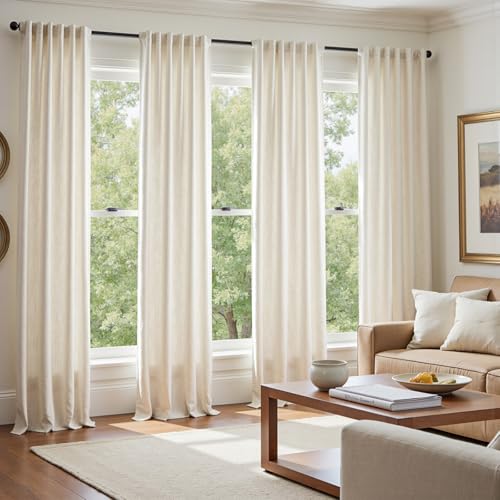 Image of jinchan Curtains for Living Room Bedroom Linen Textured Curtains 84 Inches Long 2 Panels Beige Farmhouse Curtains Casual Weave Back Tab Drapes Light Filtering Window Curtains Set Heathered Beige