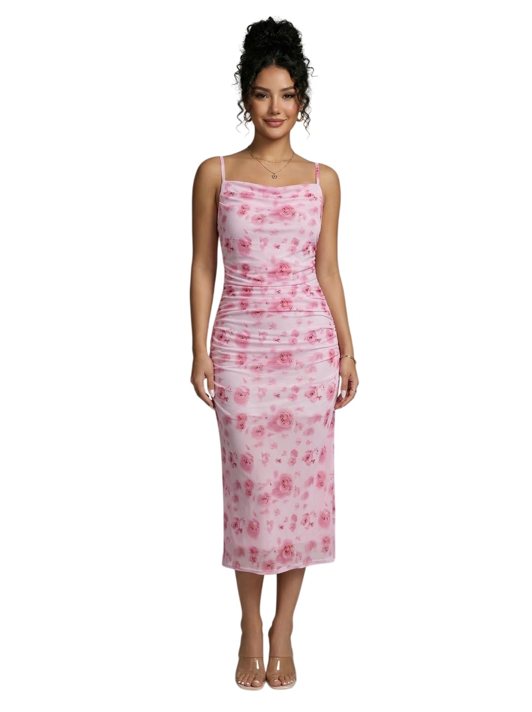Women's Pink Floral Print Ruched Bodycon Midi Dress | Spaghetti Strap | Square Neck | Stretchy Lycra | Party Attire-picture-22