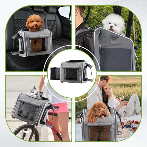 Hundekorb Fahrrad Vorne Faltbar & Erweiterbar, 4-in-1 Hundefahrradkorb mit 4 Öffnungen, Netzfenstern & Regenschutz, Fahrradkorb für Kleine & Mittelgroße Katzen und Hunde bis 10kg (Grau)