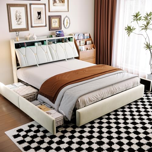 CJHXE Cama de Matrimonio 160x200 cm con Luces LED y USB, Cama Tapizada con Cabecero Moderno y Somier de Láminas, Estructura de Cama Doble con Puerto de Carga, Beige (Sin Colchón)