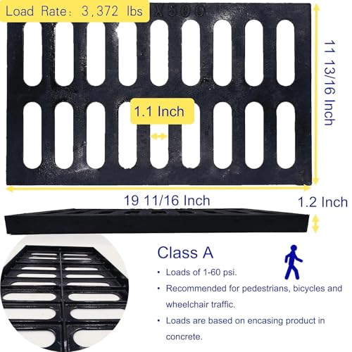 Image of Cast Iron Drain Grate, Driveway Channel Cover 20x12 in A-Class | Heavy-Duty Outdoor Trench Drainage, Black Rectangle Metal Sewer Cover for Garage, Yard, True 19.7x11.8