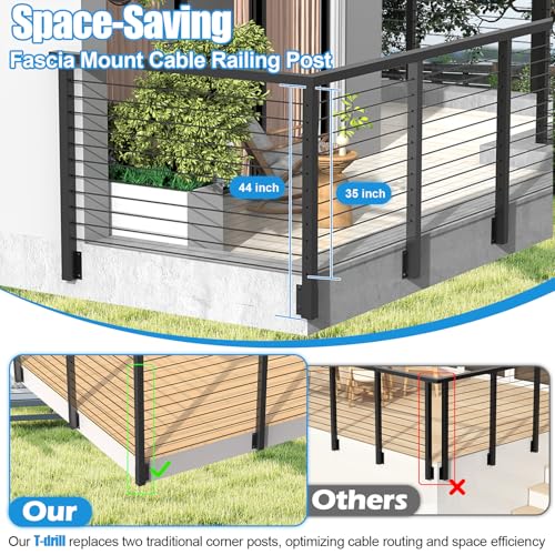 Image of 36 inch Side Mount Outside Corner Cable Post, 3-Side Drilled Flat Top Outer Corner Post(Post 44 inchx2 inchx2 inch), Space-Saving Fascia Mount Cable Railing System, Stainless Steel Wire Railing Kits, RG74