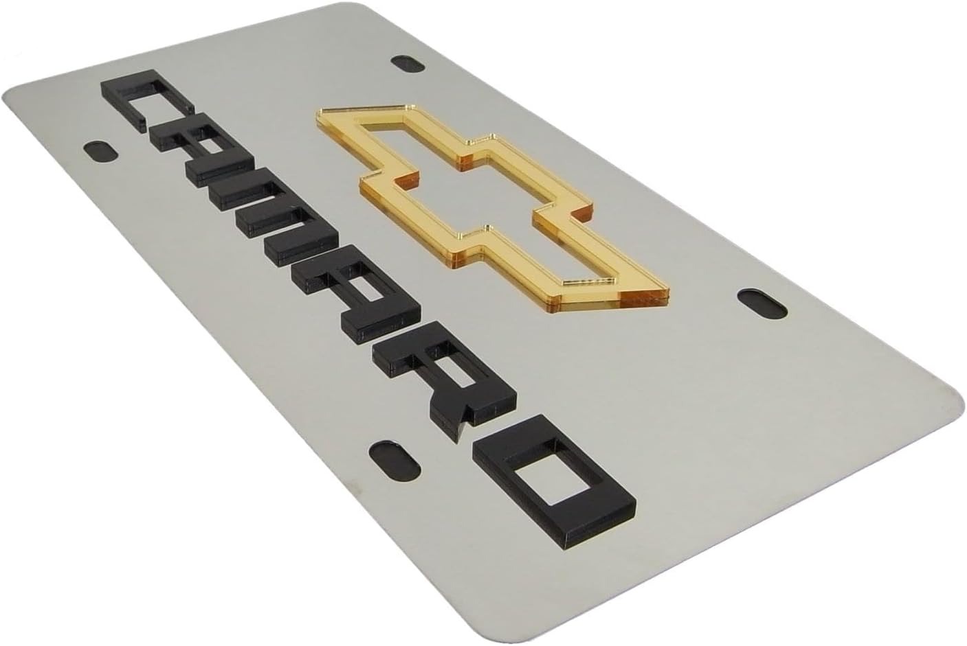 Eurosport Daytona, Inc. Laser-Cut Gold Bowtie Logo & Name On Polished License Plate for Chevy Camaro (Chrome)