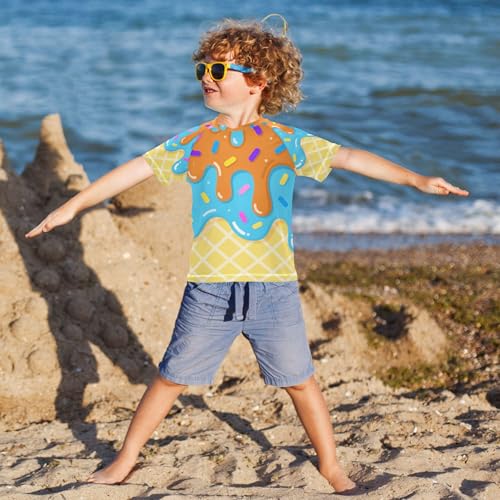 Cute Ice Cream Blue Bathing Suit Girls Sun Protection Tshirts Swimwear Beach Tops 3T4