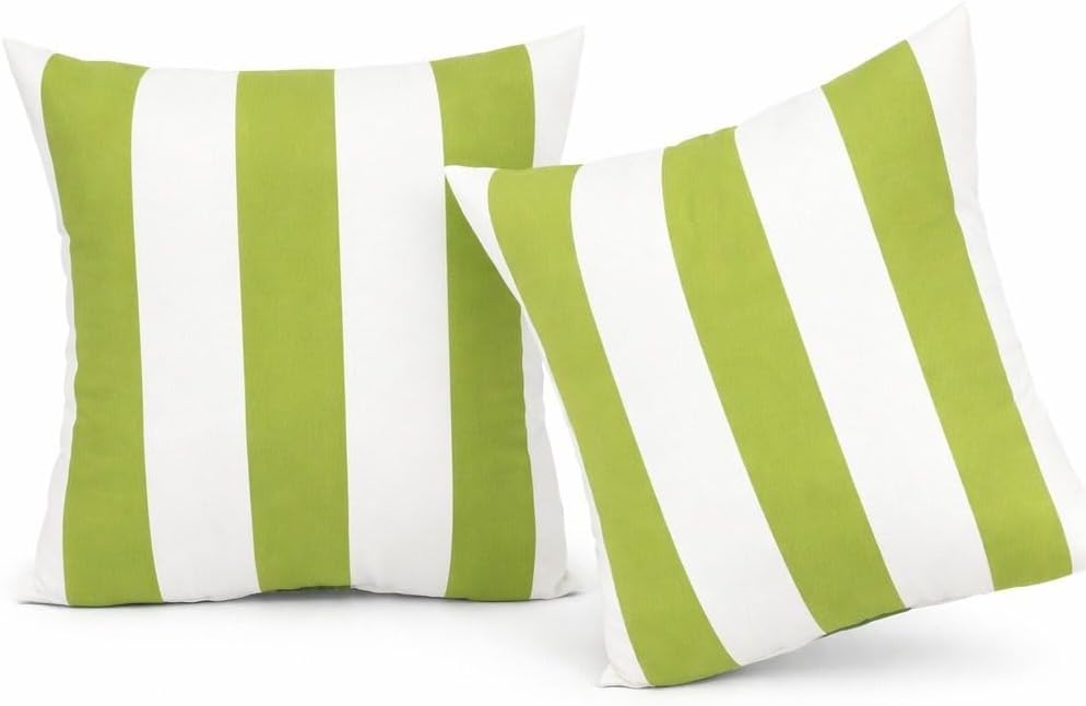 Outdoor Throw Pillows 18x18 Set of 2, Waterproof Patio Cushions with Covers, Decorative Square Pillows for Garden Furniture, Porch, Poolside, Deck Chair - Green White Striped