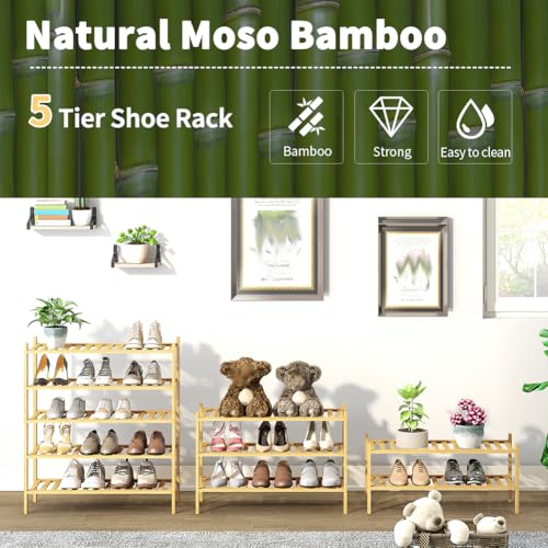 Image of 5-Tier Bamboo Shoe Rack for Entryway, Stackable | Heavy Duty | Multi-Function, Free Standing Shoe Racks for Bedroom Hallway Closet
