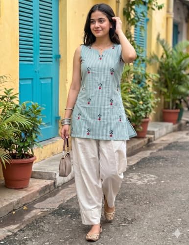 Image of Youthnic Women's Cotton Embroidered And Stripes Work Summer Wear Straight Kurti With farshi Salwar | Co Ord Set for Women Stylish | Office wear Kurta Set