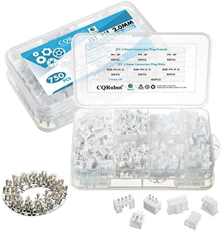 CQRobot 150 Sets/750 Pieces JST PH 2.0 mm Pitch 2/3/4-Pin JST Connector Kit. Pin Header with 2.0 mm Pitch, JST PH 2/3/4-Pin Housing JST Adapter Cable Connector Socket Male and Female, Crimp DIP Kit.