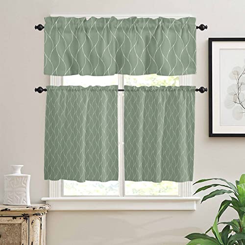 Yokou Sage Green 3 Piece Kitchen Curtains Tiers And Valances Set, Farmhouse Decoration Geometric Pattern Rod Pocket Short Window Treatment Tiers Curtains Panel And Valance For Cafe Bathroom #TOP1