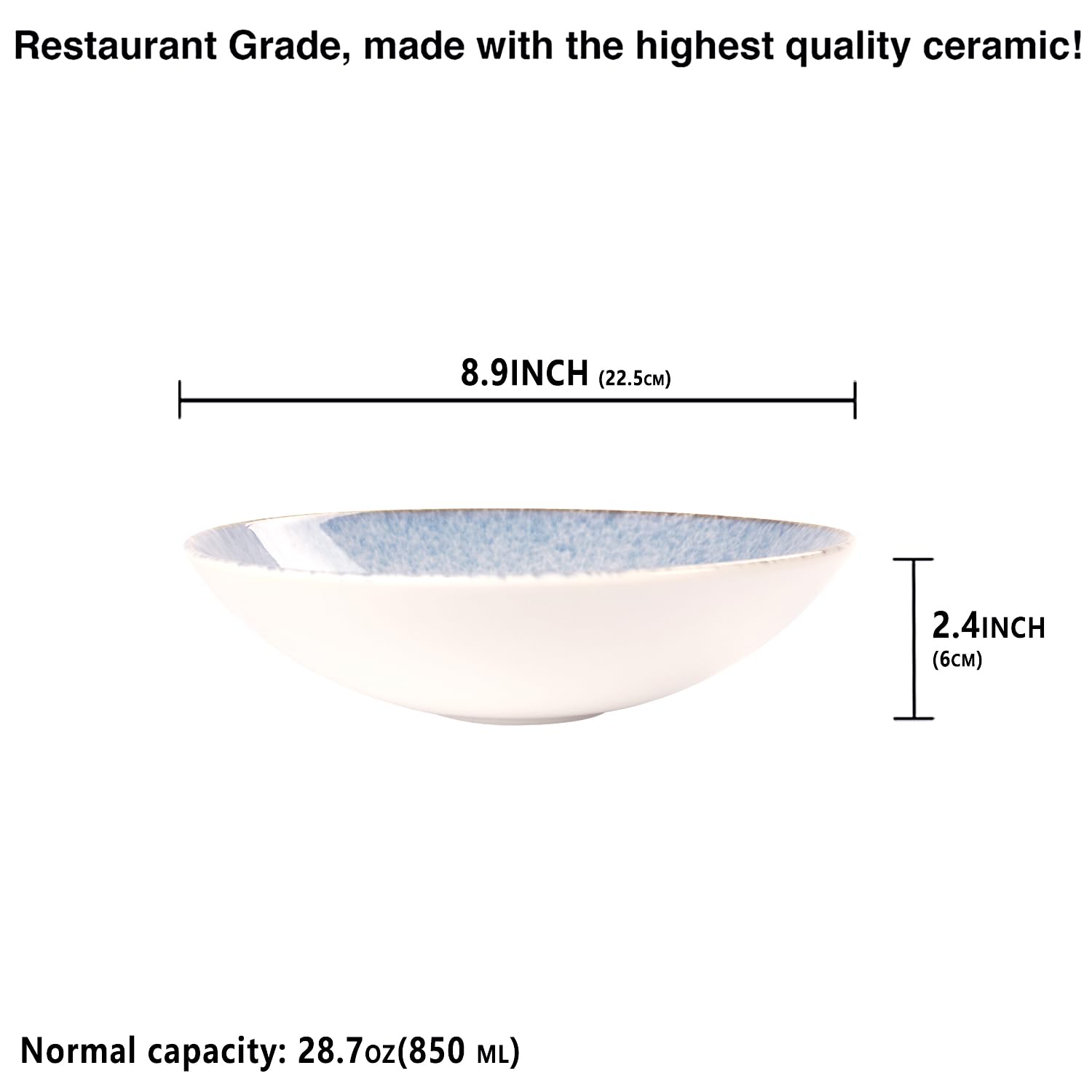 jinsongdafa Ceramics Pasta Bowls Dinner Bowl Set of 4, Salad Pasta plates, Large Serving Bowls for Entertainment, Microwave & Dishwasher Safe, for high-end restaurants and foodies,Azure blue 8.9 Inch
