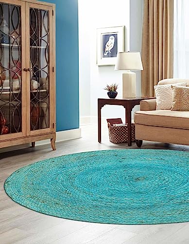 Image of Unique Loom Braided Jute Collection Area Rug - Dhaka (3' 3 inch Round, Turquoise)