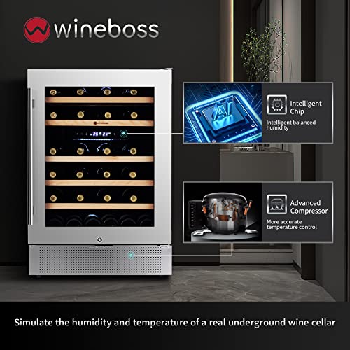 Wineboss 24'' Wine Cooler Refrigerator, 46 Bottle Dual Zone Built-In Under Counter Freestanding Mini Cellars Fridge With Upgrade Compressor Tempered Glass Door Safety Lock, Small Chiller Kitchen Home Bar #TOP6