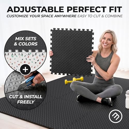 Image of bemaxx Gym Mats Set - 48 pcs EVA Interlocking Foam Floor Tiles (24.4 inchx24.4 inchx0.4 inch) 192 sqft Protective Gym Flooring Sports Home Workout Exercise Mats Puzzle Garage Fitness Play-Room Pool Treadmill Bike
