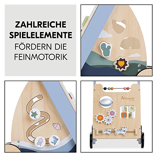 hauck Learn to Walk Skills – Holz Lauflernwagen für Babys ab 12 Monaten, mit Motorikspielzeug, Sortierspiel, Ablagefach & Bremssystem, Fördert Laufen, Feinmotorik & Farberkennung, FSC® Zertifiziert