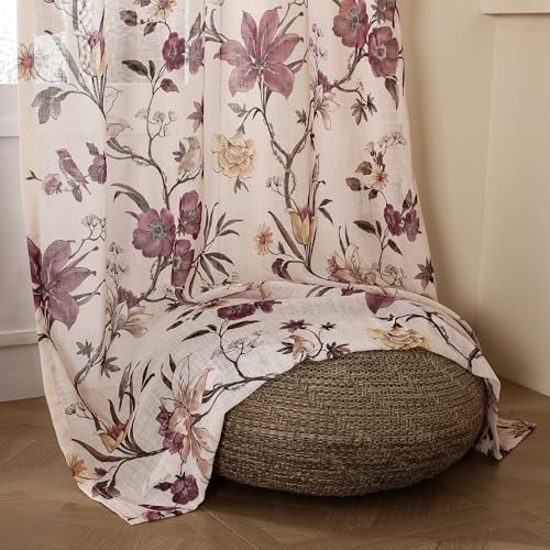 Image of Story@Home Door Curtains 7 Feet Long Set of 1 | Floral Printed | Semi Transparent Curtain | Net Curtains | Sheer Curtain for Living Room | (118 x 215 cm, Cream & Purple) | Perfect for Home Decor
