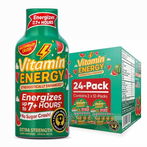 Image of Vitamin Energy Watermelon Crush Extra Strength Energy Shot, 24 Pack - Up to 7 Hrs, 260mg Natural Caffeine, Zero Sugar - Green Tea Extract, Immune Support, B12 B6 Niacin, 1.93 fl oz, Keto Vegan