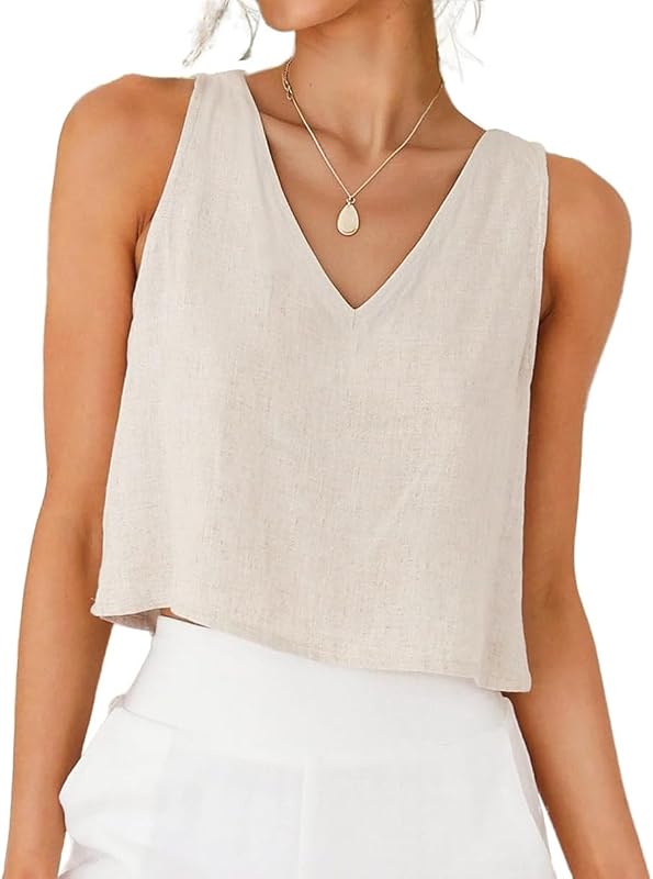 Womens V Neck Linen Tank Tops Spring Summer Sleeveless Shirts