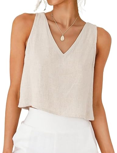 IDEALSANXUN Womens V Neck Cropped Linen Tank Tops Spring Summer