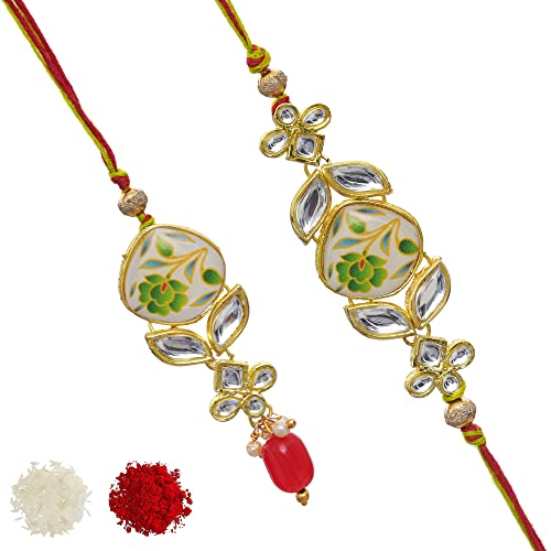 Image of eCraftIndia Set of 2 Purple Floral & Pearl Designer Rakhis with Roli Chawal Pack and Best Bro Ever Fridge Magnet