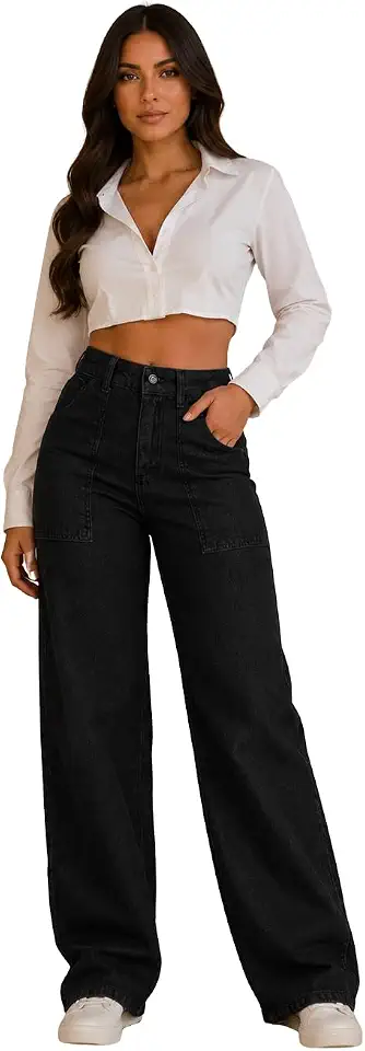 Calça Wide Leg Feminina Jeans Preta, Cintura Alta, Estilo Clássico