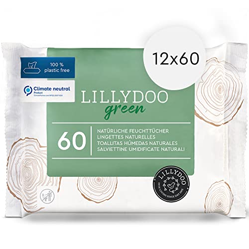 Toallitas húmedas naturales LILLYDOO green, 12 paquetes de 60 (720 toallitas), 100 % tejido sin plásticos y sin fragancias