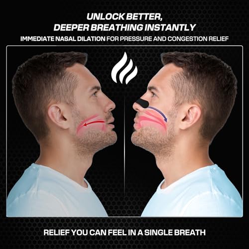 performance nose strips for breathing 60 count - oil amp sweat proof adhesive - athletic nasal strips for snoring amp sleeping - black wide body universal fit extra strength
