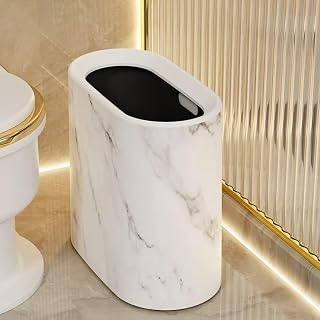Trash Can for Bathroom, 3.7 Gal Plastic Marble Wood Pattern Small Office Garbage Can for Bedroom Kitchen, Slim Trash Bin Waste Basket Decorative Modern Trashcans (Plastic Marble Pattern)