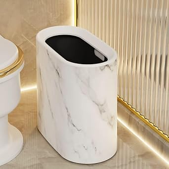Trash Can for Bathroom, 3.7 Gal Plastic Marble Wood Pattern Small Office Garbage Can for Bedroom Kitchen, Slim Trash Bin Waste Basket Decorative Modern Trashcans Plastic Marble Pattern