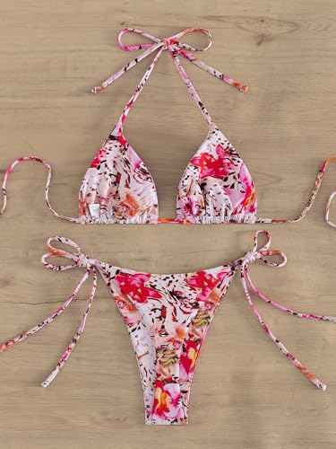 Image of Tainehs Women's Sexy Halter Thong Bikini Tie Two Sides Bottom Triangle Bikini Swimsuits