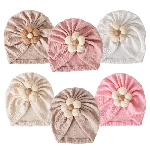 Chapeau Nouveau Né, 6 Pièces Turban Bebe avec Fleur, Bonnet de Naissance Bébé Unisex, Chapeaux Fille Garçon, Convient à Toutes Les Saisons