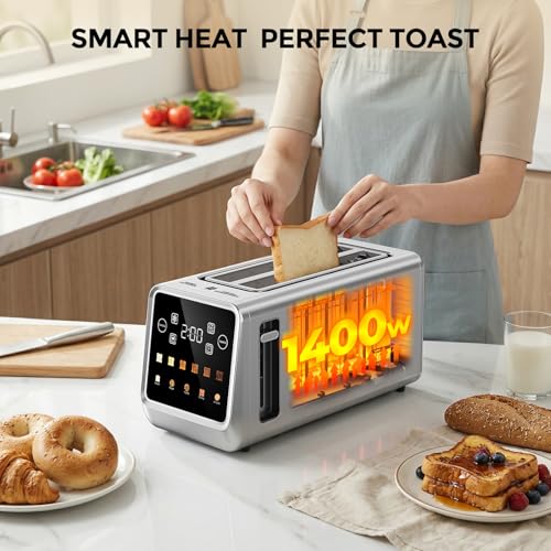 Image of 4-Slice Smart Toaster, Digital Touchscreen with Memory, 1.5 inch Extra-Wide Long Slots for Bagels & Artisan Bread, 1400W Rapid Heating, Stainless Steel, Defrost /Reheat /Single-Slice Modes
