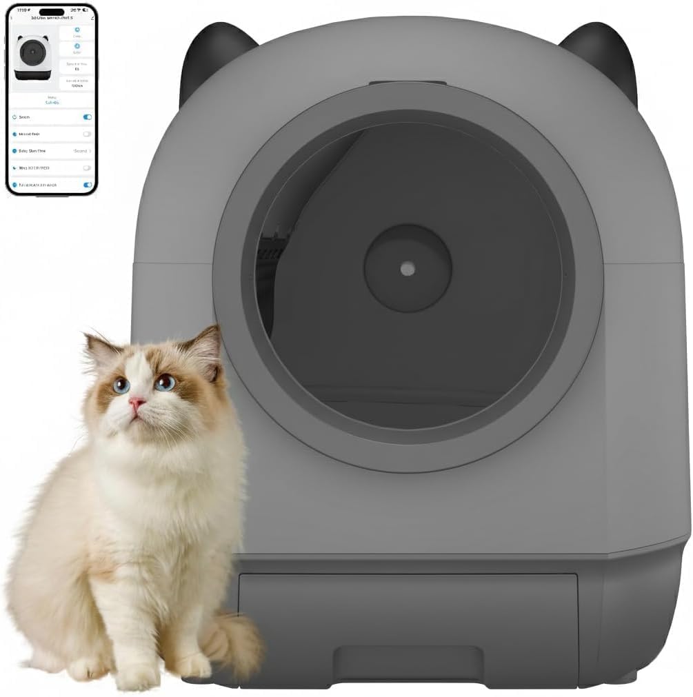 Realbear Automatic Cat Litter Box Self Cleaning Litter Box Large Capacity for Multiple Cats, App Control with Safety Sensors, Includes Scent Cartridge & 2 Roll Garbage Bags (White)