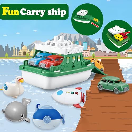 OKGIUGN Ferry Boat Toys Set with 4 Cars and 4 Wind Up Bath Swimming Toys, Kids Bath Toy Floating Vehicle Whales Submarines Swans Rockets, Bathtub Bathroom Pool Beach Toys for Toddlers Boys Girls Kids - Image 3