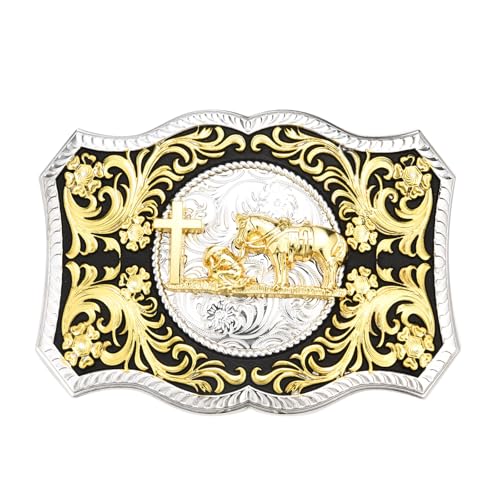 LYTOPTOP Religion Cross Kneeling Prayer Rooster Horse Golden Belt Buckle for Men Women│Rodeo Floral Belt Buckle