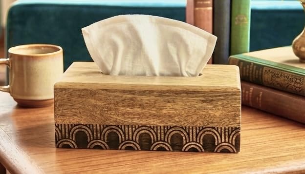 Image of WOOD ART STORE Wooden Tissue Box - Decorative Wood Tissue Holder for Home, Office, Car - Handmade Tissue Dispenser with Fine Engraving Works Size-9x5x3 Inhces (Natural Wood)