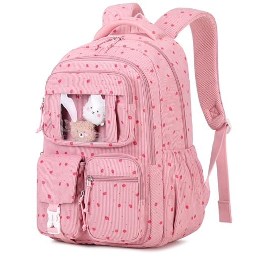 PIG PIG GIRL Kids Backpack for Girls School Bags for Middle School Students Book Bag for Elementary Primary School, Pink Strawberry, One Size