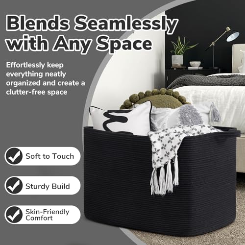 Goodpick Large Woven Storage Basket, 105L Extra Large Blanket Basket for Living Room, Bedroom, Rectangle Cotton Rope Organizer for Toy Storage, 25”x16”x16”, Black