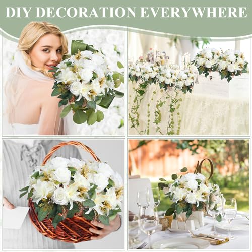 Riceshoot 8 Bundles Artificial Peony Flowers Faux Flowers Satin Silk Rose Lilies Bouquet Vintage Wedding Home Table Door Decor Reusable Bouquet of Rose Flowers for Wedding Birthday Home(White)