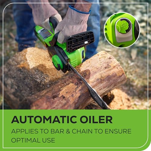 Image of Greenworks 24V 12 inch Brushless Cordless Compact Chainsaw (Great For Storm Clean-Up, Pruning, and Firewood / 200+ Compatible Tools), 4.0Ah Battery and Charger Included