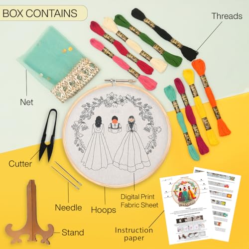 Image of picknMAKE Wedding Embroidery Kit for Beginners- DIY 3D Embroidery Hoop Art Featuring Bride & Sisters, Personalized Wedding Keepsake with Year Embroidery, Handmade Craft Kit for Gifting