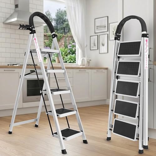 Image of Casa Copenhagen White 5 Step Ladder for Home Use with Built-in Tool Tray | Heavy Duty D Shape Rods | Ultra Large Platform | Wide Rubber Feet | 150Kg Capacity Foldable Ladder - 7 Years Warranty