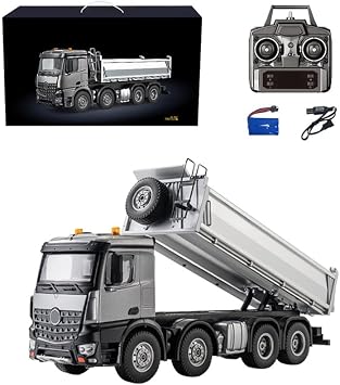 RC Dump Truck, 1/14 Scale 12-CH Remote Control Engineering Construction Transport Truck with Alloy Dump Bed, LED Lighting System and Sound Effects RTR