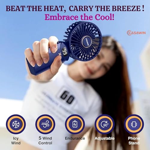 Image of Handheld Electric Fans, for summer and heat, makeup, with USB rechargeable Battery, BLDC Fans, High Speed, with 3 hrs Battery. (DARK BLUE)