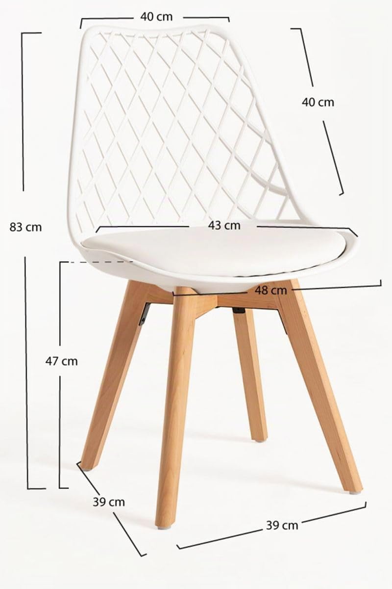 Regalos Miguel Set di 4 sedie Mima bianche, per sala da pranzo e cucina, stile nordico, struttura in polipropilene, seduta imbottita in similpelle e gambe in legno di faggio