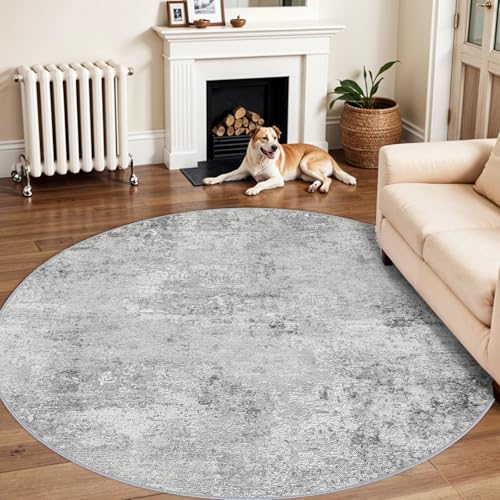 RUUGME Washable 6ft Round Rug - Abstract Rugs for Living Room Large Area Rugs Modern Stain Resistant Indoor Mat for Bedroom Dining Room Non Slip Rubber Backing Thin Super Soft Room Decor 6ft Grey
