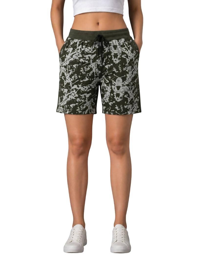 Women Green Printed Cotton Shorts | Elastic Waistband with Drawstring | Comfortable Casual & Loungewear Shorts-image-30
